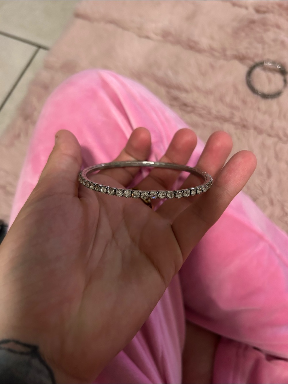 Silver Cubic Zirconia Tennis Bangle Bracelet - Pink Accent